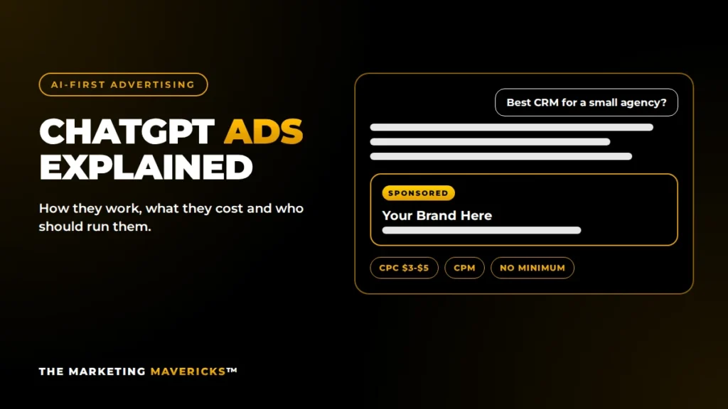 ChatGPT Ads explained: sponsored ad card shown below a ChatGPT answer, with CPC and CPM pricing