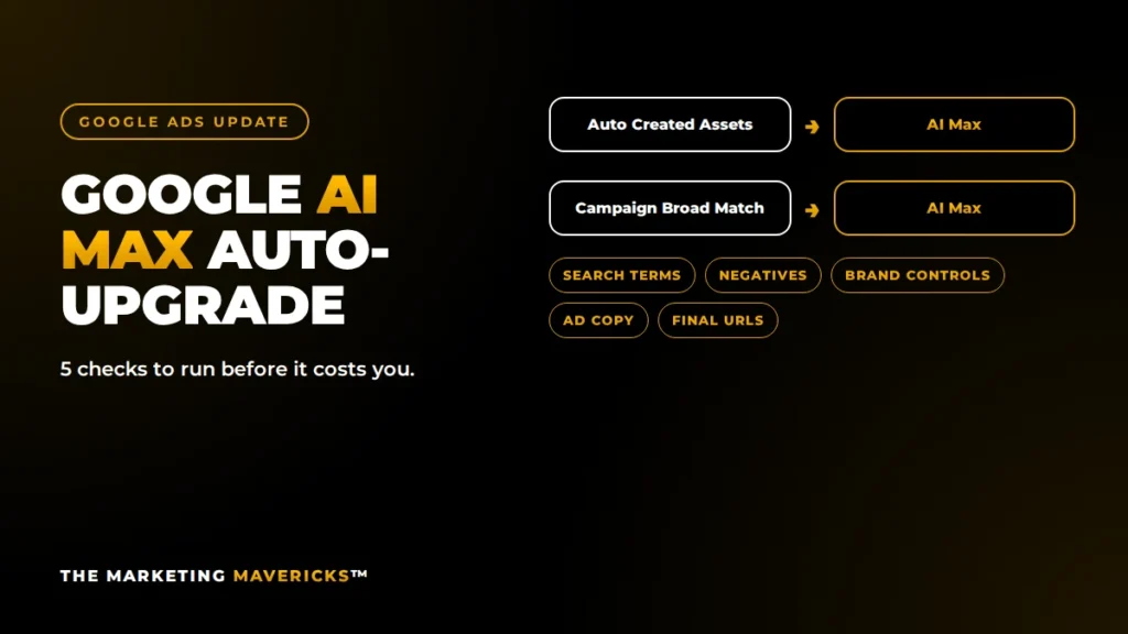 Google AI Max auto-upgrade: automatically created assets and campaign broad match moving to AI Max, with 5 checks