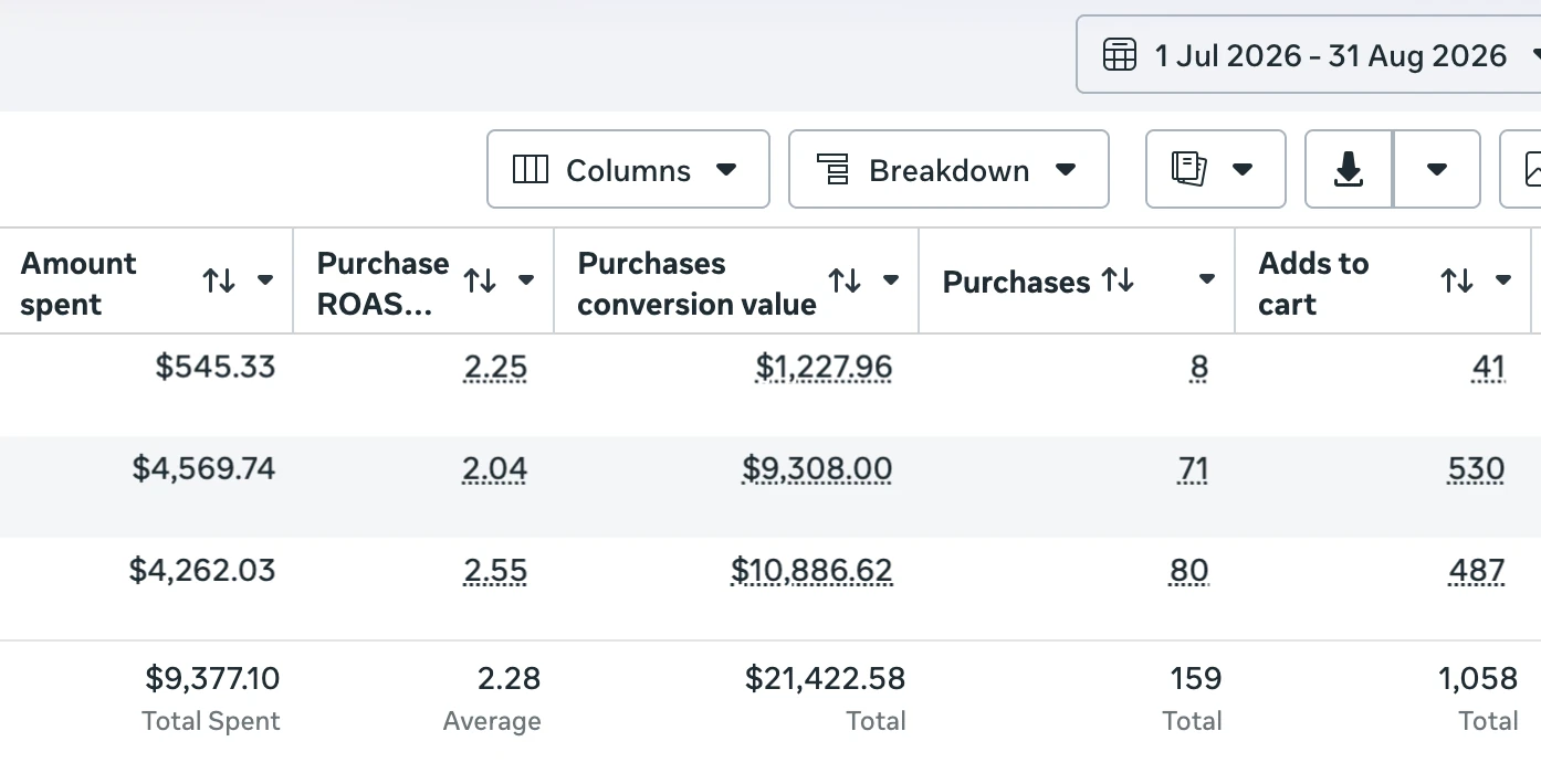 Meta Ads Manager showing 2.28 average purchase ROAS from $9,377.10 ad spend and 159 purchases for a USA bridesmaid and occasion wear store