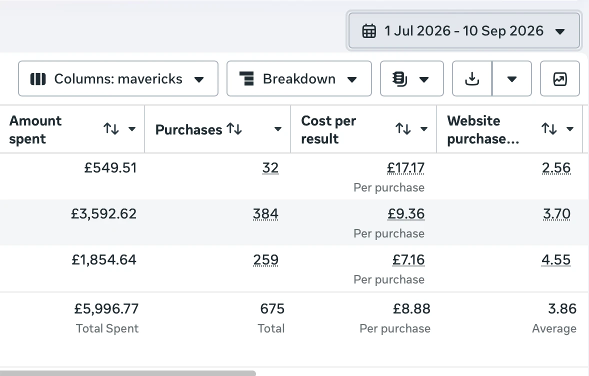 Meta Ads Manager showing 3.86 average website purchase ROAS from £5,996.77 ad spend and 675 purchases for a UK pet grooming products store