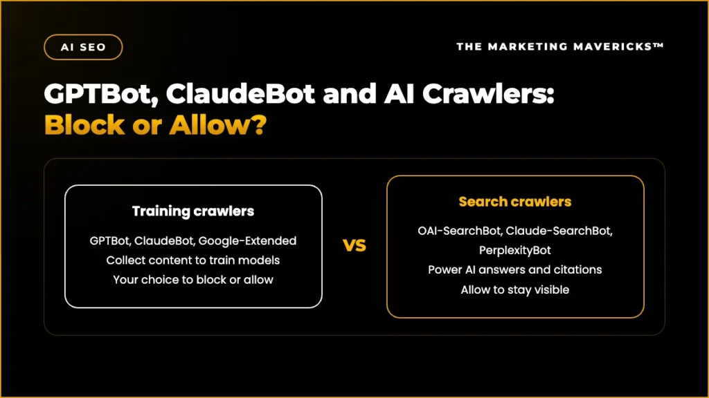 GPTBot, ClaudeBot and AI crawlers: training crawlers vs search crawlers, block or allow