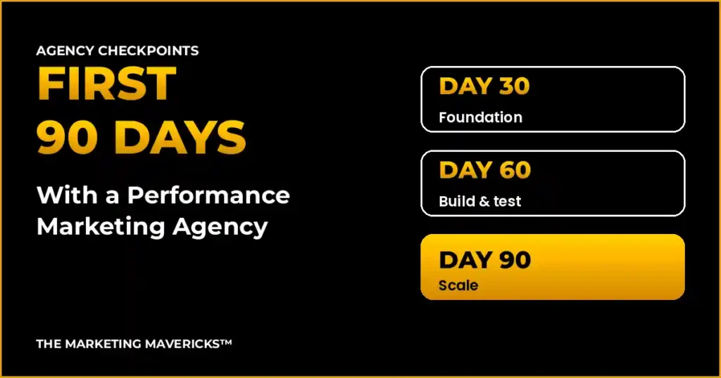First 90 days with a performance marketing agency: day 30 foundation, day 60 build and test, day 90 scale